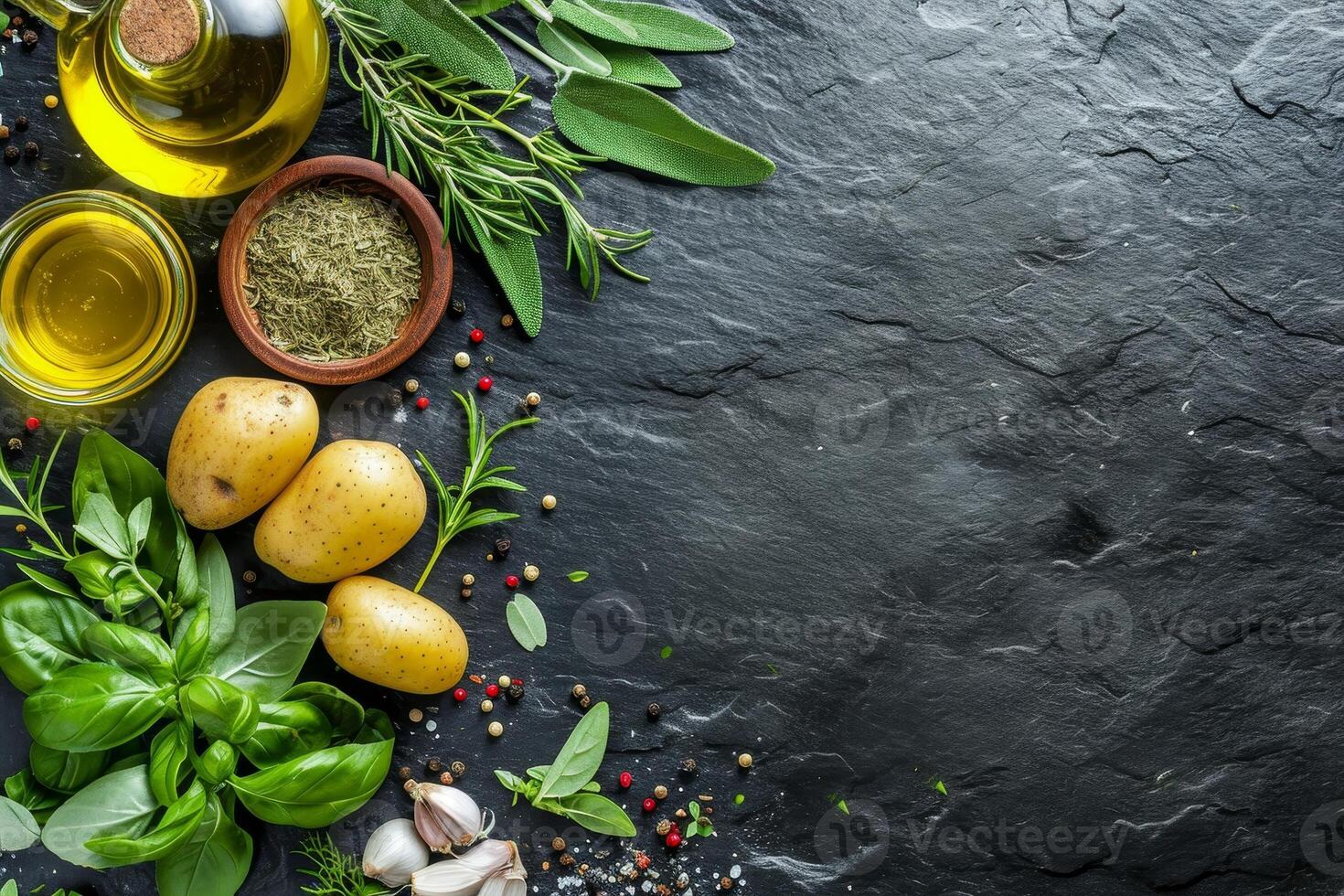 AI generated Food background. Top view of olive oil, potatoes, herbs and spices on rustic black slate. photo