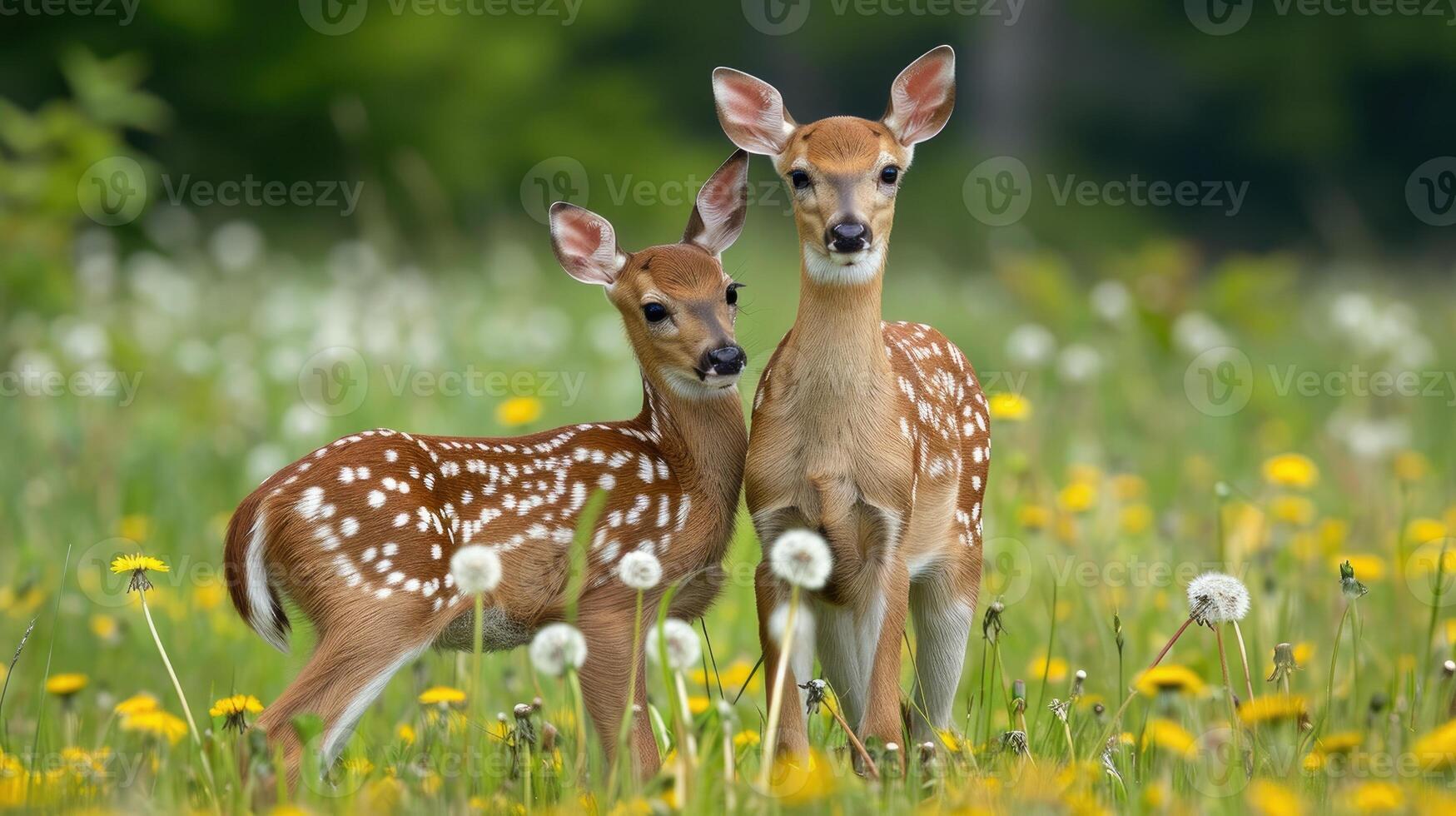 AI generated Two fawns standing in a field with dandelions. photo