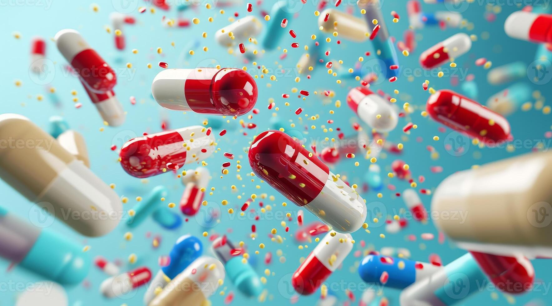 AI generated A group of antibiotic pill capsules falling. photo