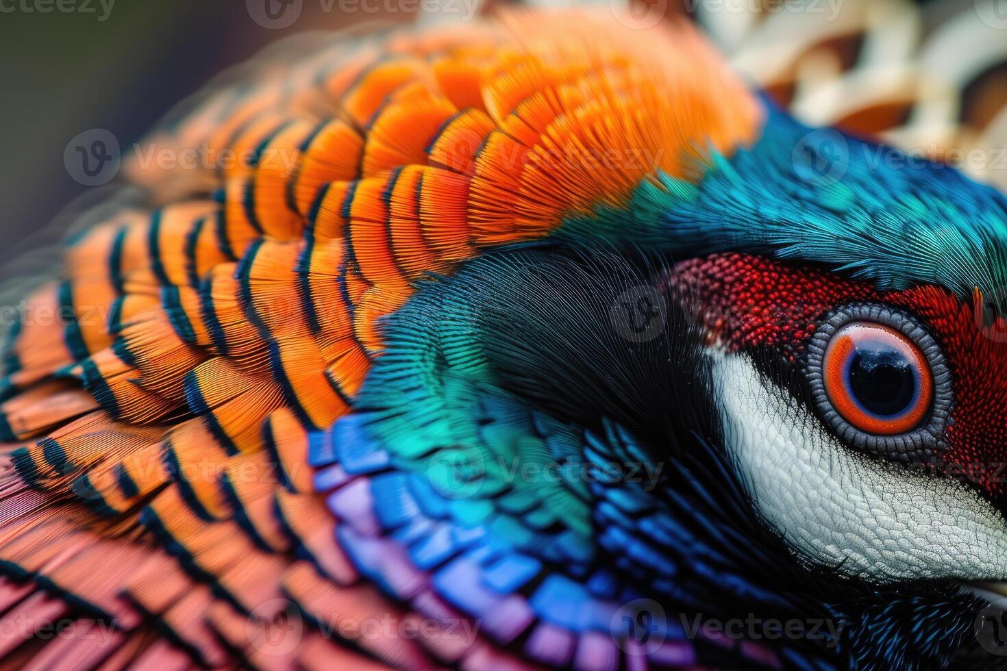 AI generated Closeup abstract background image of colorful ring-necked pheasant feathers. photo