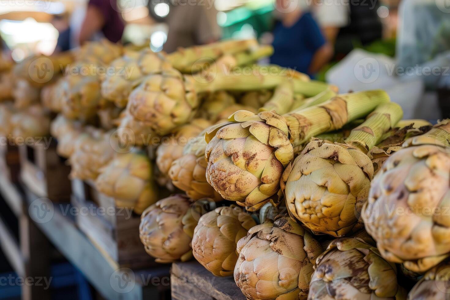 AI generated Stack of artichokes on a market stall. photo