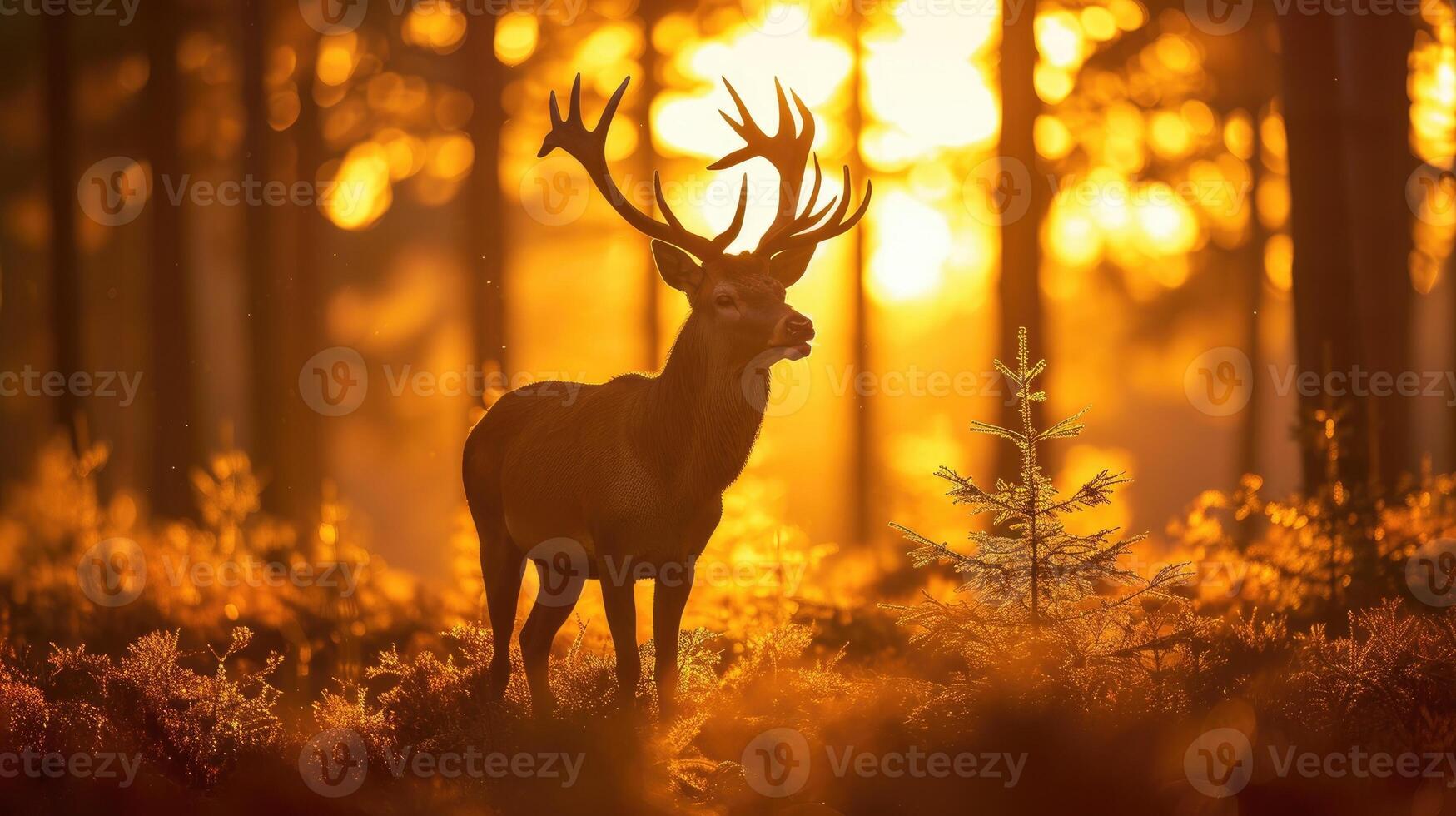 ai generado silueta de un rojo ciervo ciervo en el bosque a puesta de sol. foto