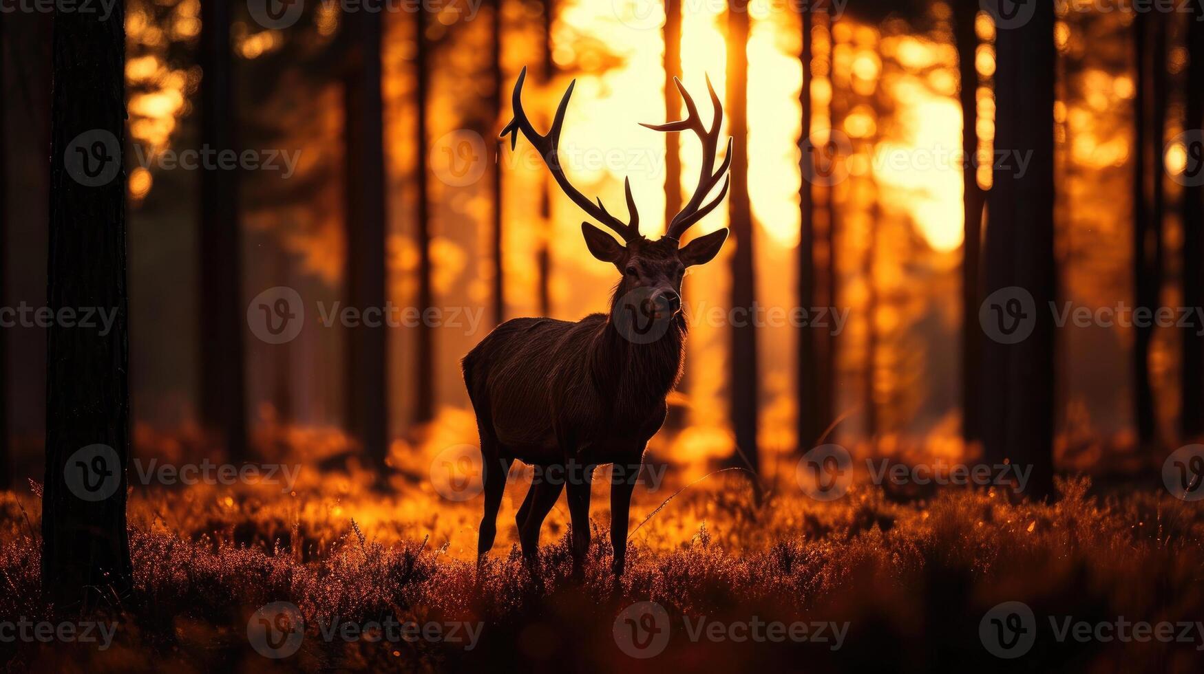 AI generated Silhouette of a red deer stag in the forest at sunset. photo