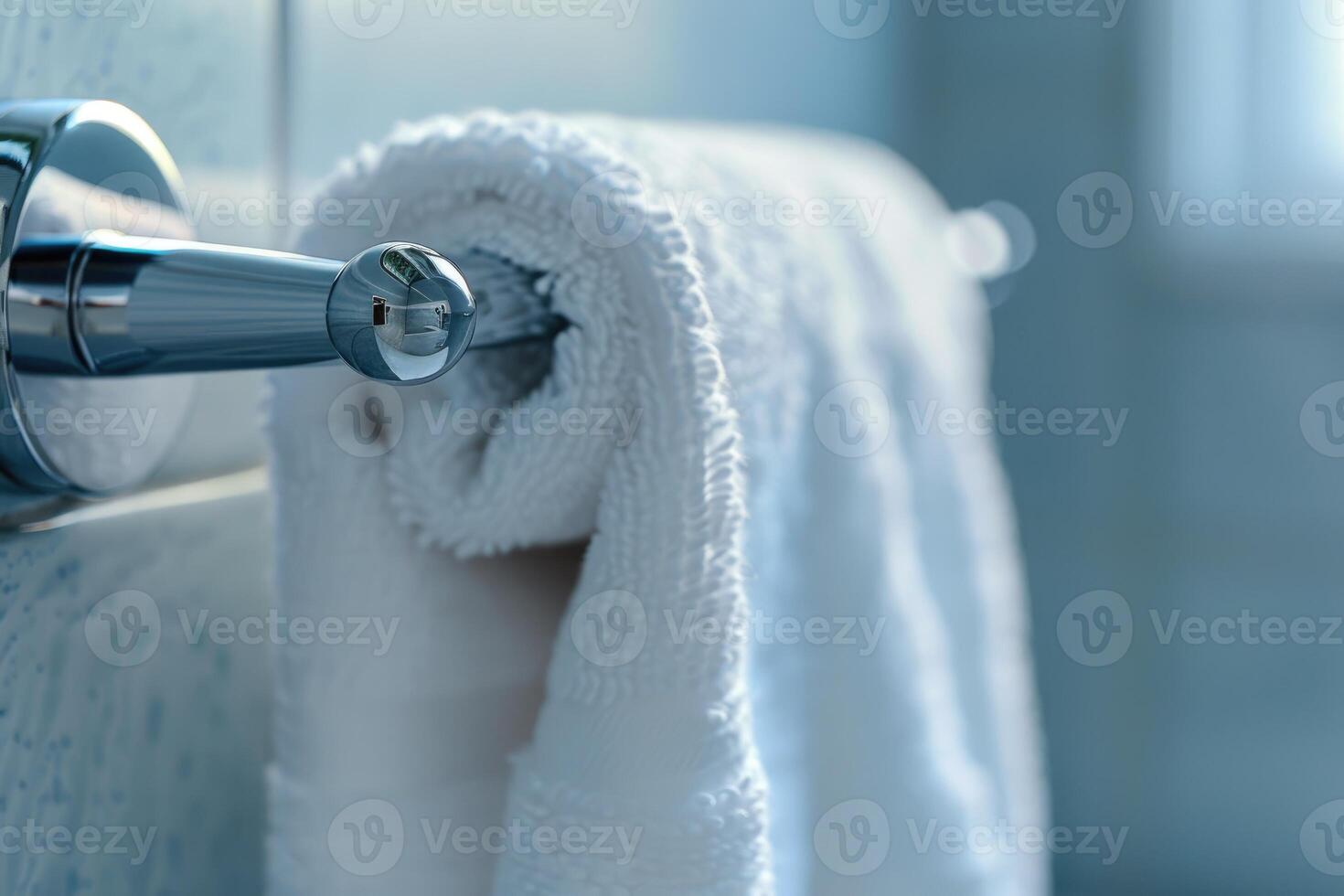 AI generated Towel neatly hanging on a modern chrome holder. photo