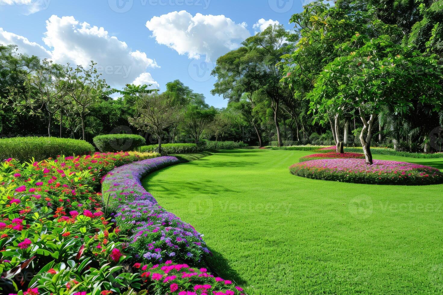 AI generated Multi-colored flower bed in the park. Outdoor summer gardening. photo