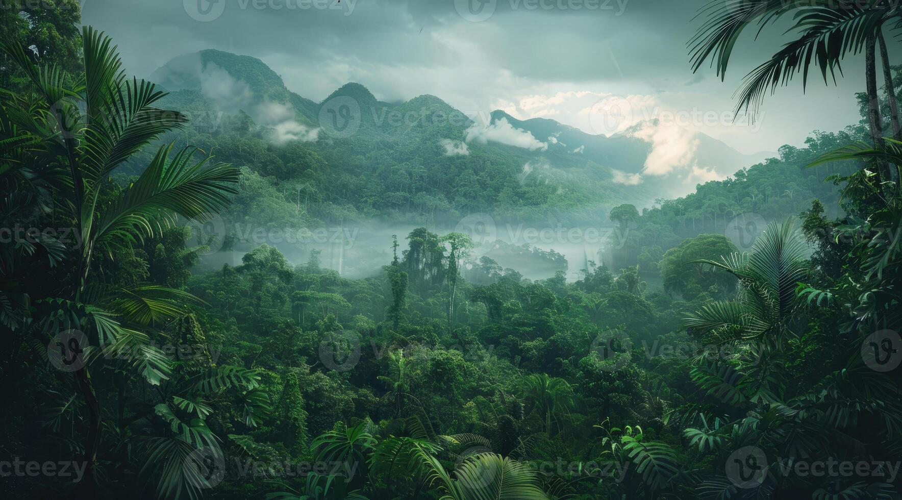 AI generated Amazonian lush rain forest jungle. Save the planet concept. photo