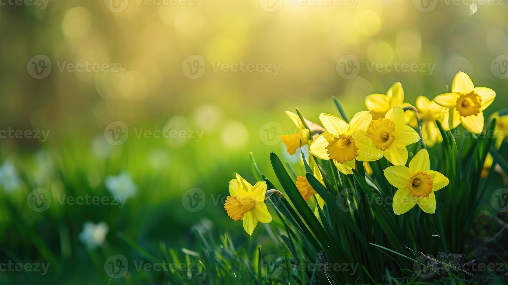 AI generated Beautiful panoramic spring nature background with daffodil flowers photo