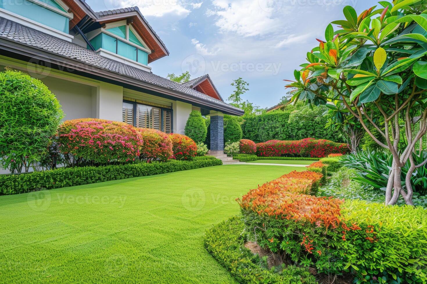 ai generado frente patio trasero, paisaje diseño con multicolor arbustos intersectando con brillante verde céspedes detrás el casa es un moderno foto