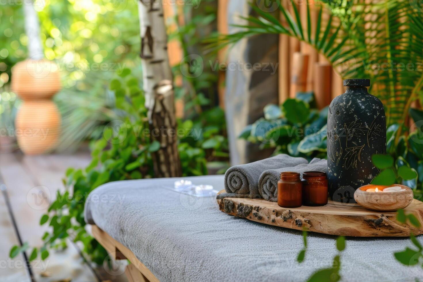 AI generated Natural relaxing spa composition on massage table in wellness center. photo