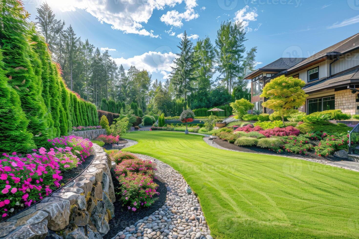 ai generado frente patio trasero, paisaje diseño con multicolor arbustos intersectando con brillante verde céspedes detrás el casa es un moderno foto