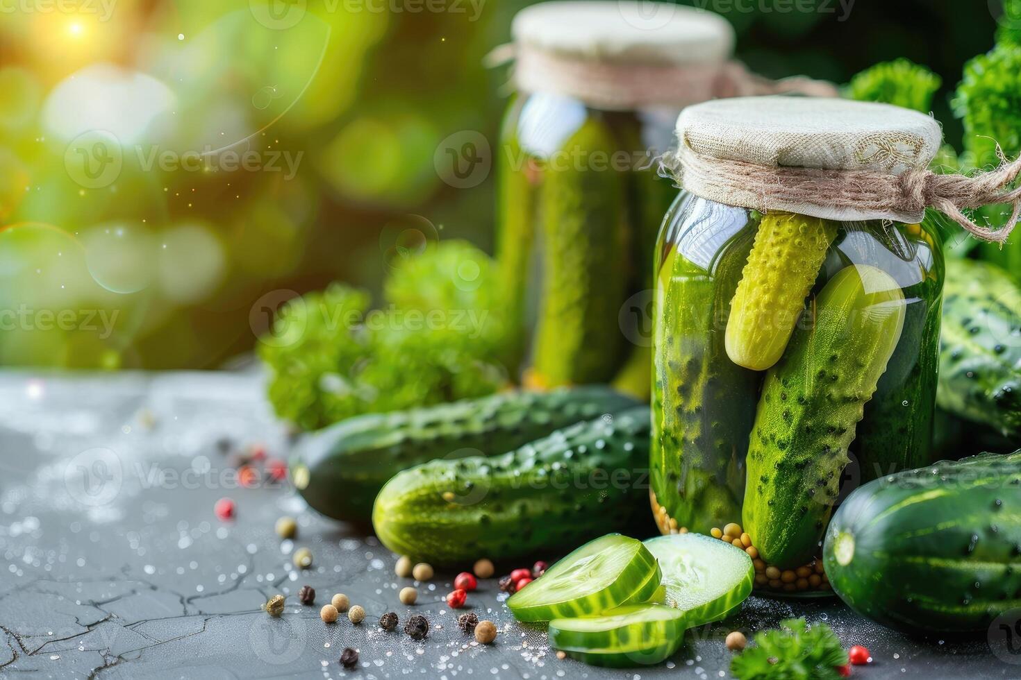 AI generated Preservation of fresh house cucumbers. Pickled canned vegetable food. photo