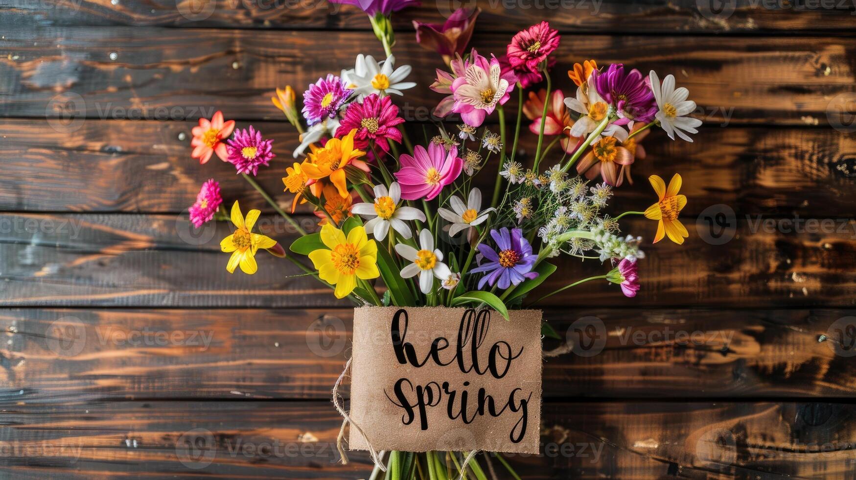 AI generated Our 'Hello Spring' inscription set against a backdrop of vibrant flowers captures the essence of the season. photo