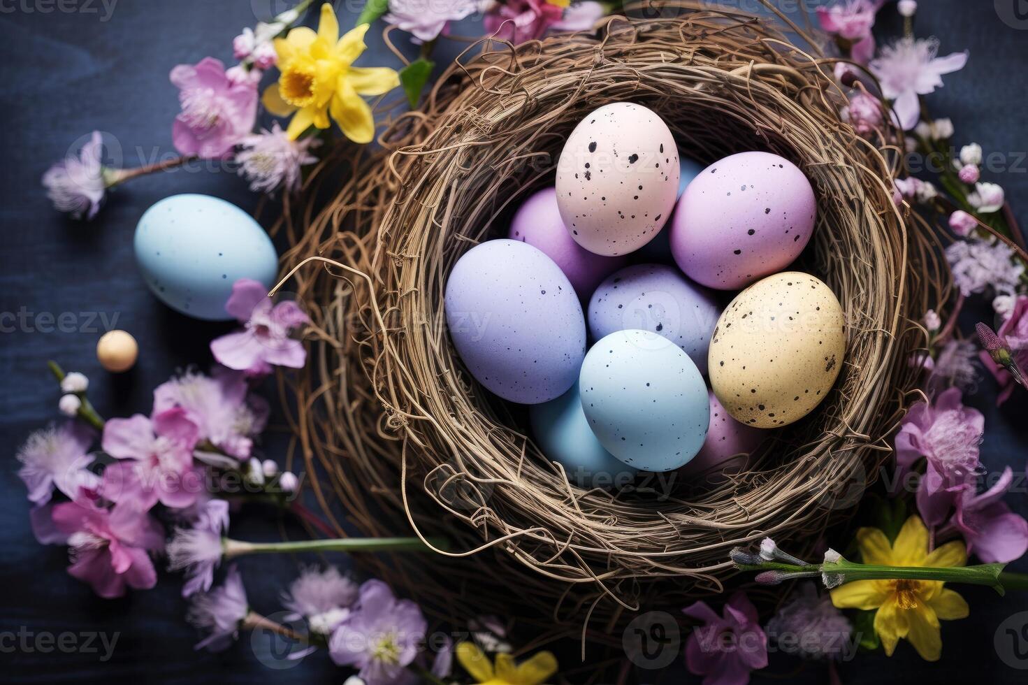 AI generated Colorful Easter eggs in nest and spring flowers on rustic table top view. Holiday card or banner. photo