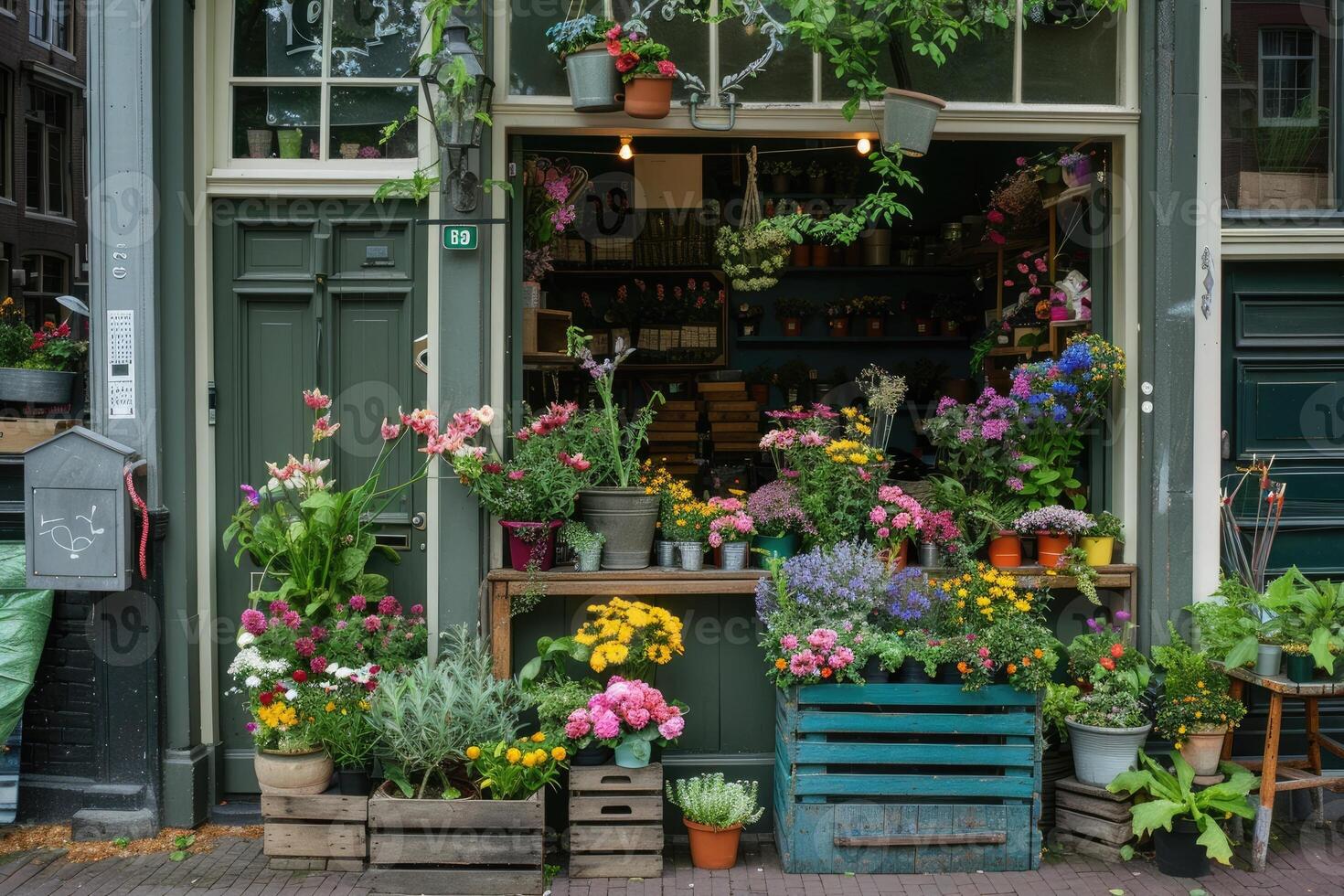 AI generated A flower shop, beautiful colorful flowers outdoor. photo