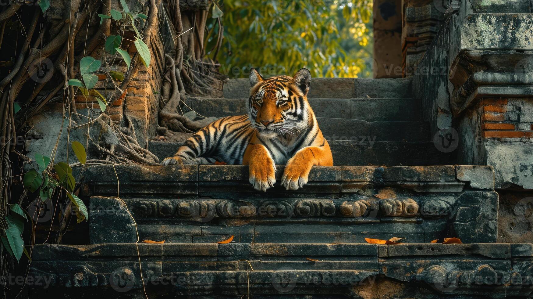 AI generated Tiger relaxing on stairs with a tree behind it, in the style of Buddhist art and architecture. photo