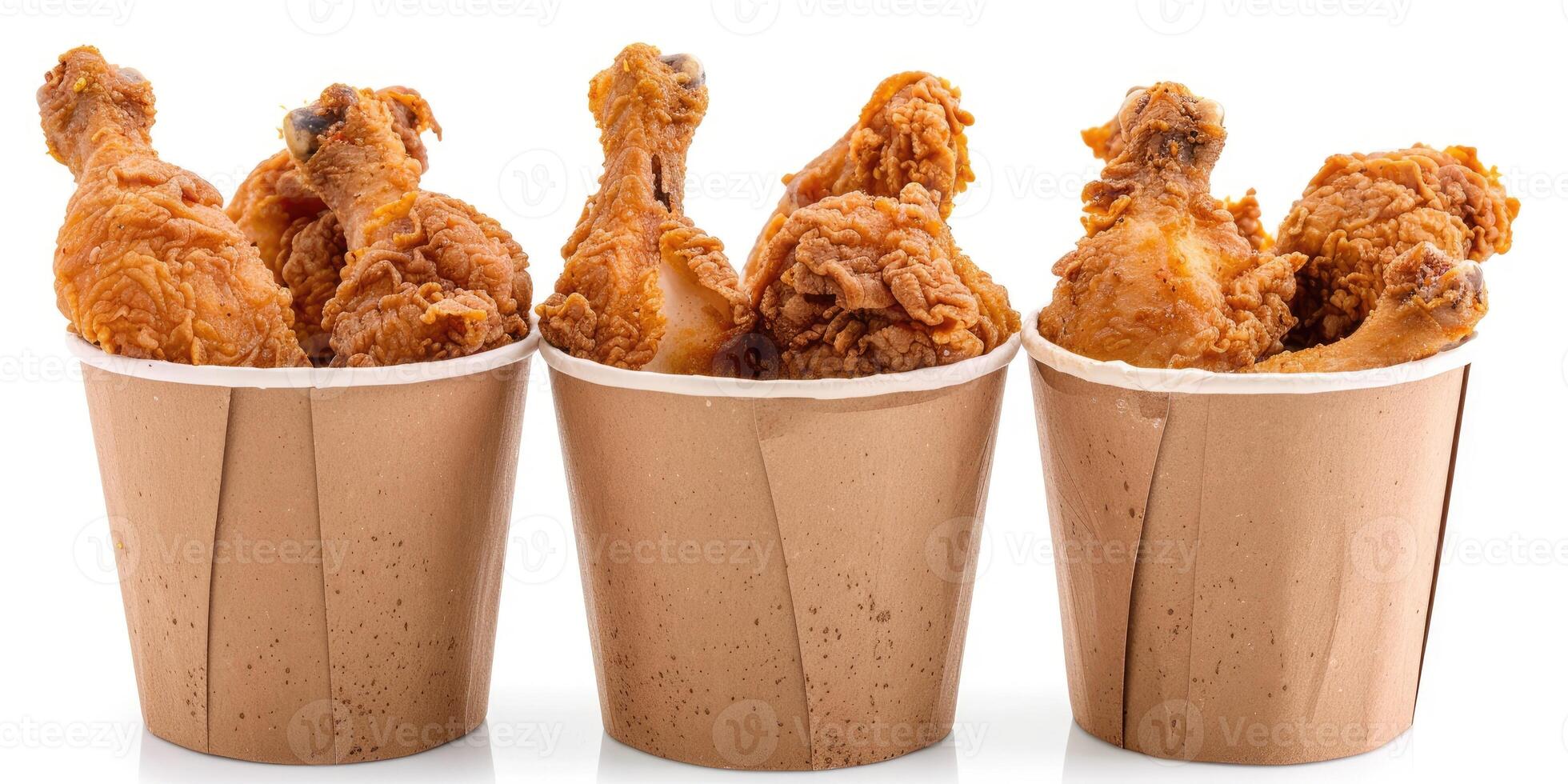 AI generated Collection of golden brown and crispy roasted Fried chicken served on a brown paper bucket isoalted on white background. photo
