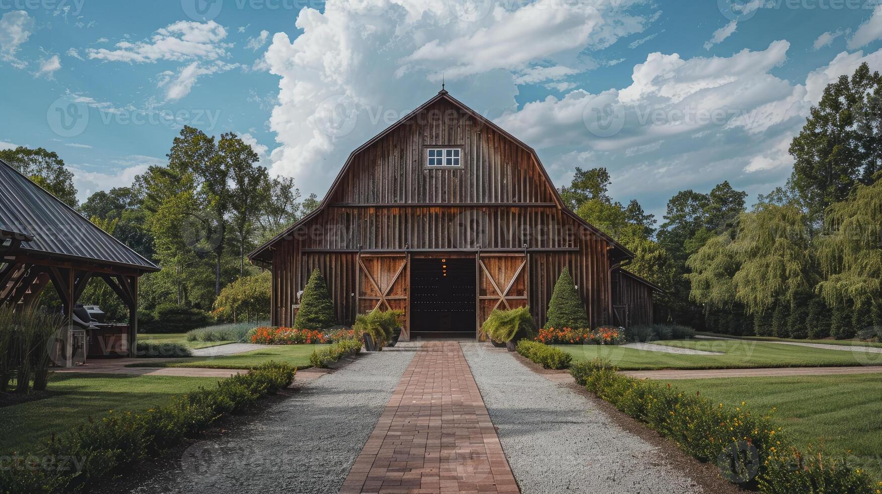 AI generated Brown barn on farm landscape photo