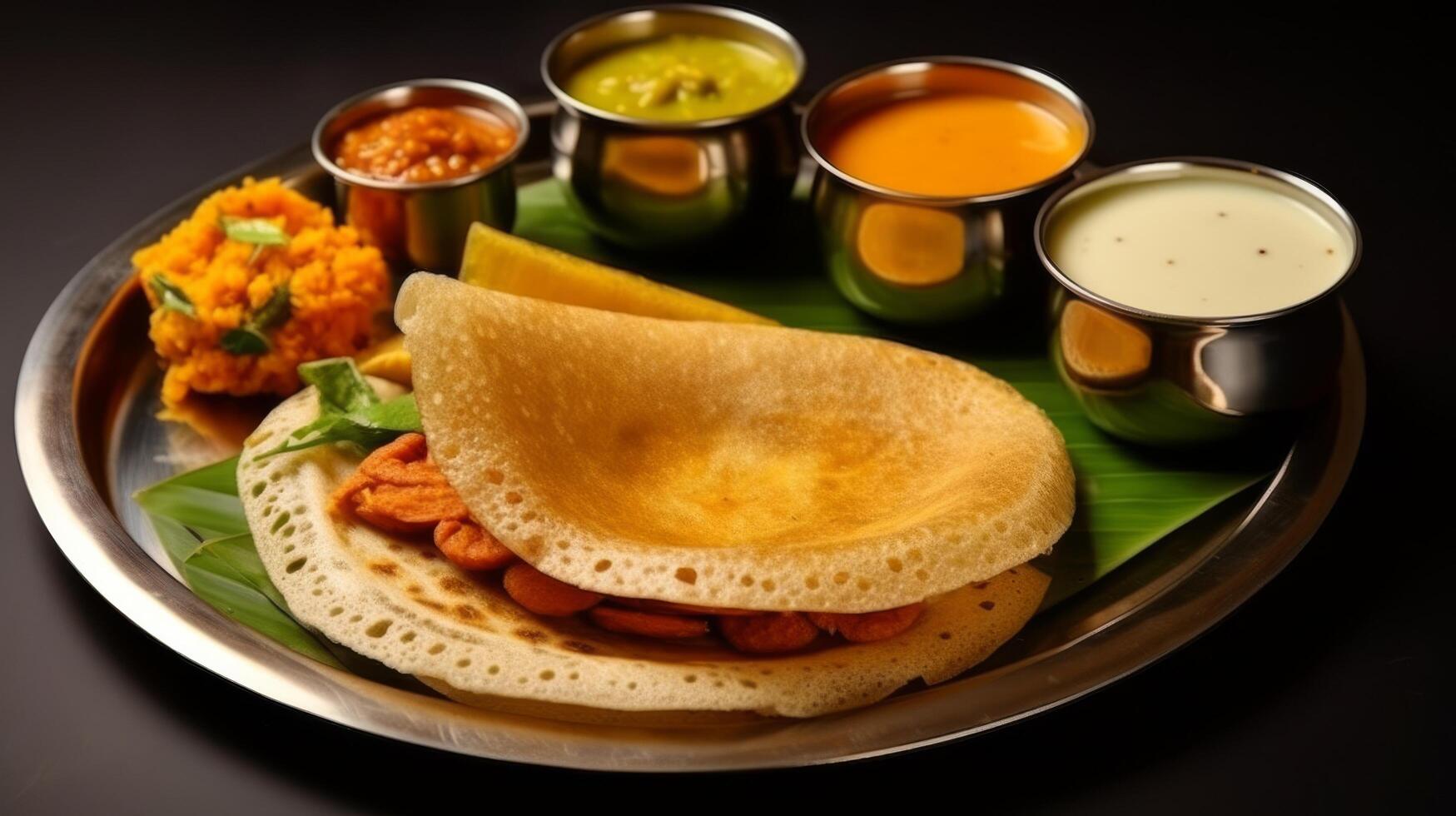 AI generated Delicious South Indian breakfast with dosa and sambar photo