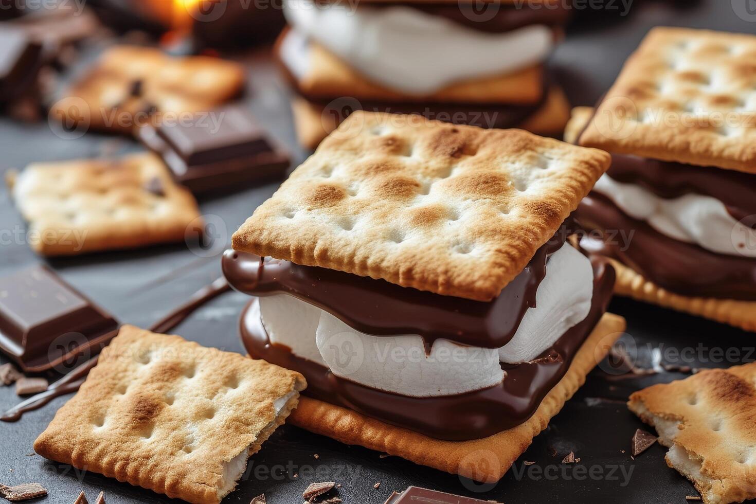 AI generated Homemade marshmallow s'mores with chocolate on crackers. photo