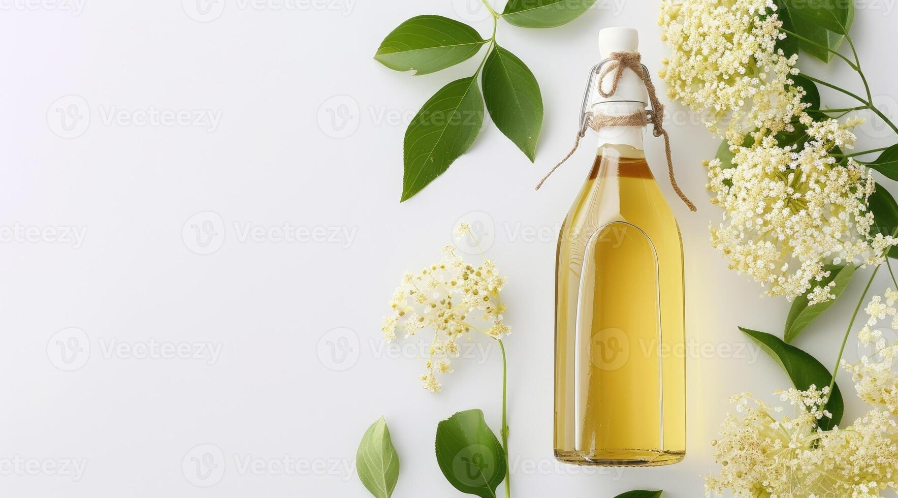 AI generated Elderflower syrup in a glass bottle without label top view on white background. photo