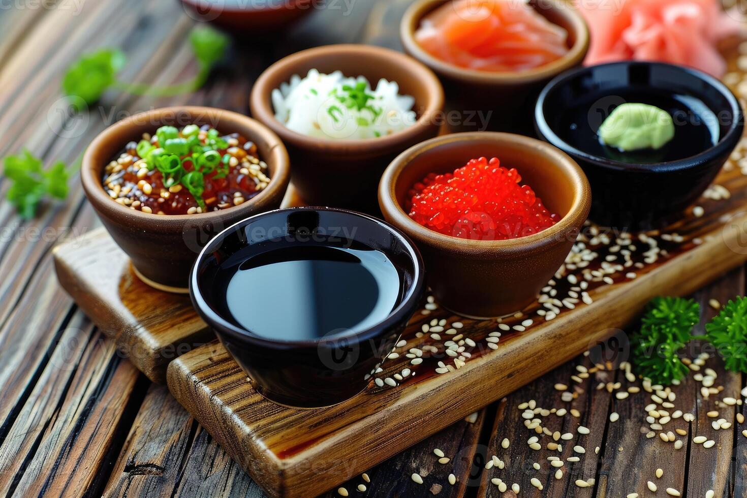 AI generated Japanese condiment for sushi. Soy sauce, wasabi, pickled ginger, sesame. Japanese cuisine. photo