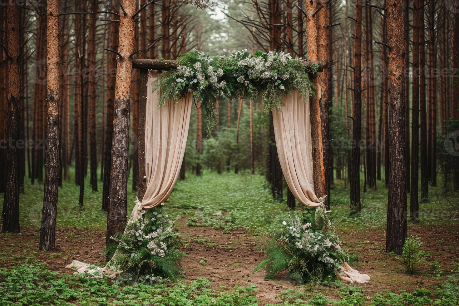 AI generated Beautiful boho wedding arch with green plants on green pine forrest photo