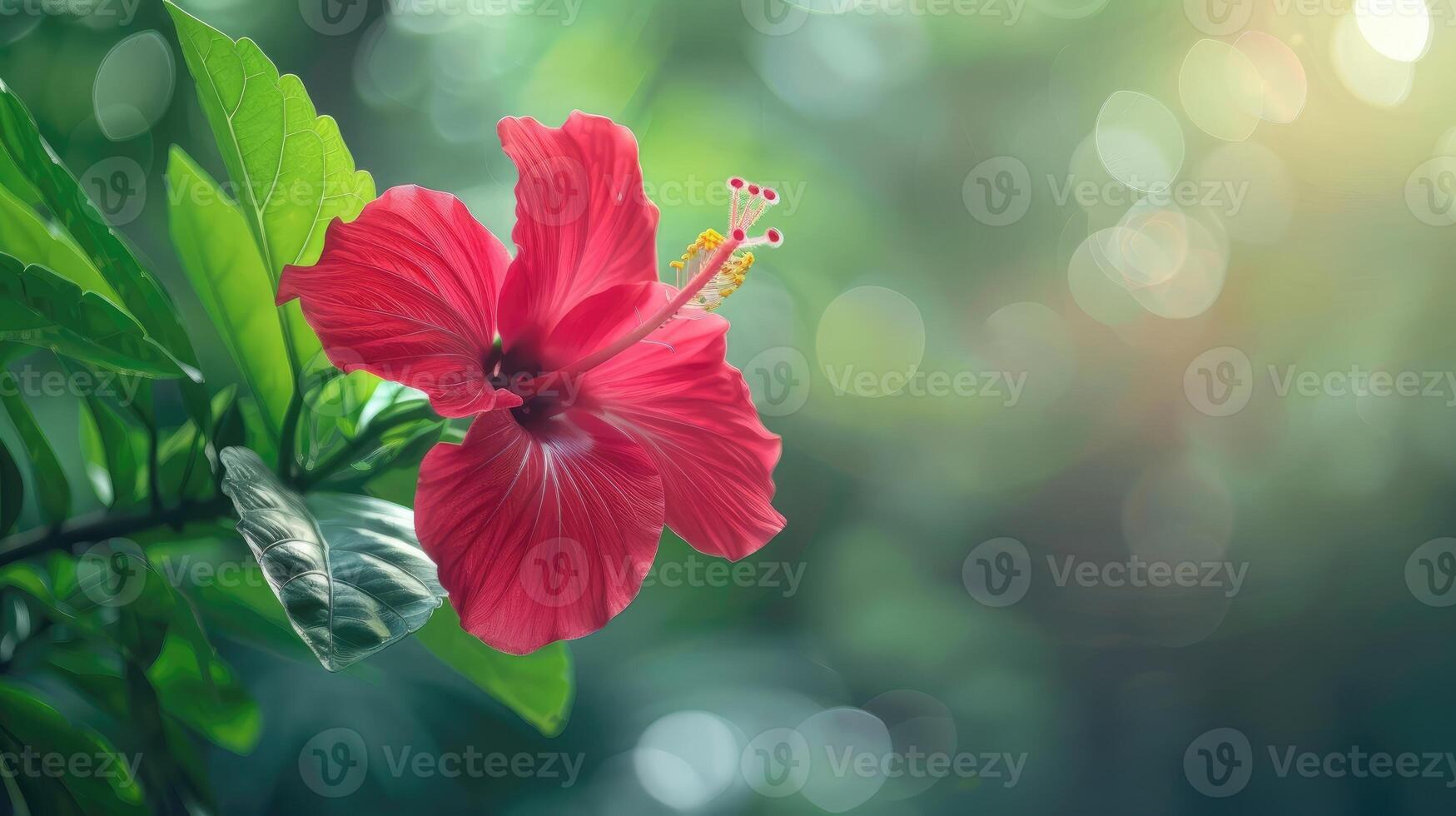 AI generated Red hibiscus flower on a green background. In the tropical garden. photo