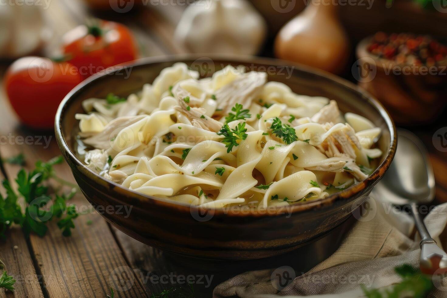 AI generated Bowl of chicken noodle soup on a wooden table. photo