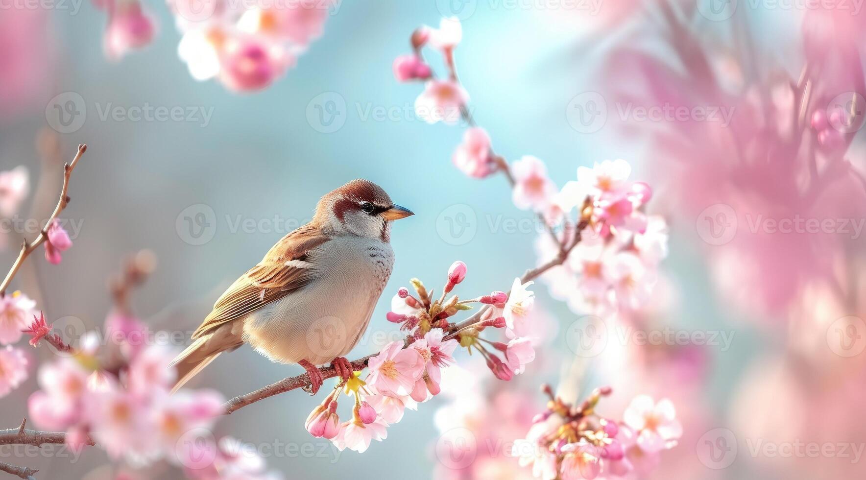 AI generated Little bird sitting on branch of blossom cherry tree. Spring time. photo