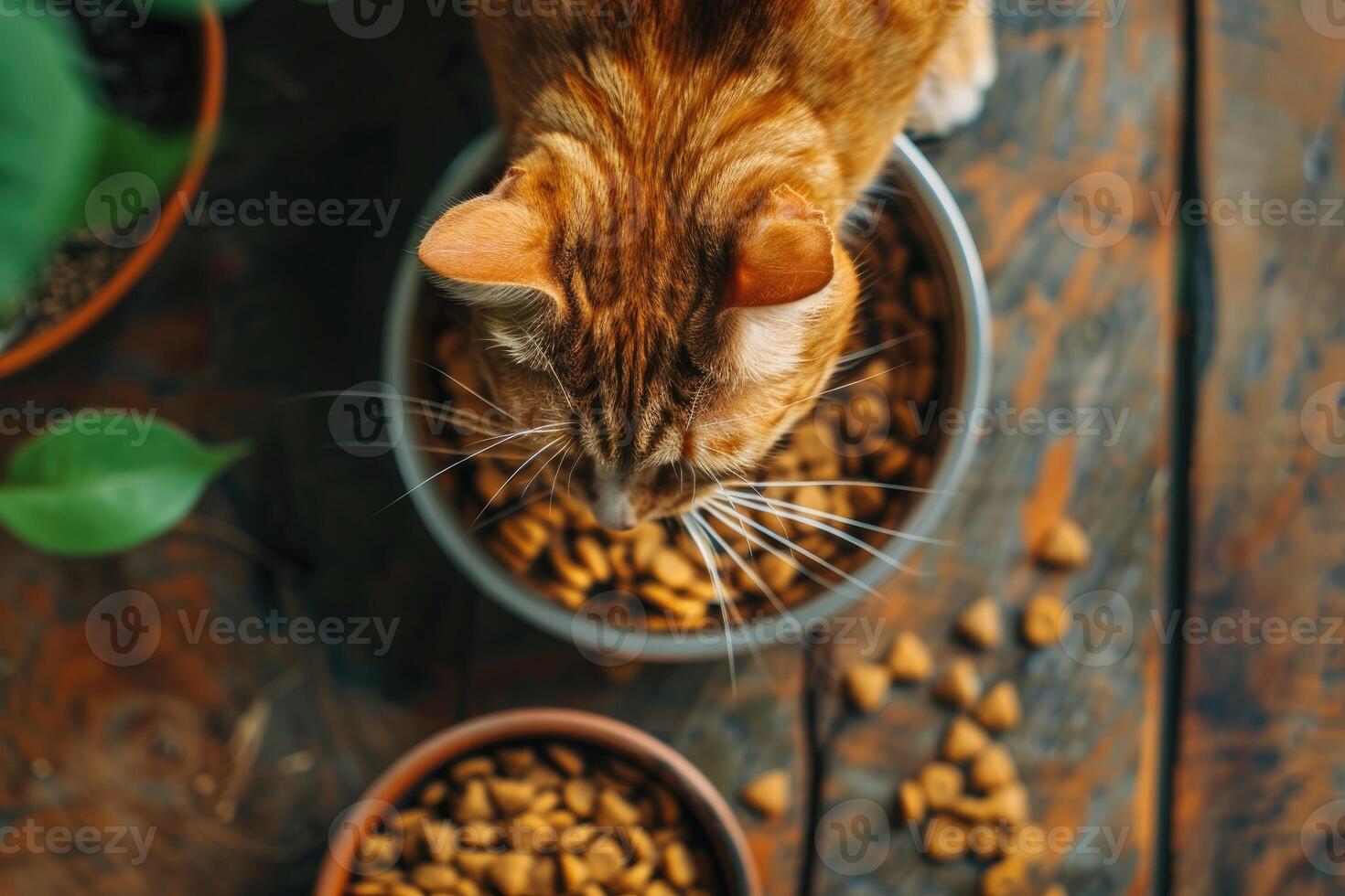 AI generated Close-up of cat eating dry food from bowl. photo