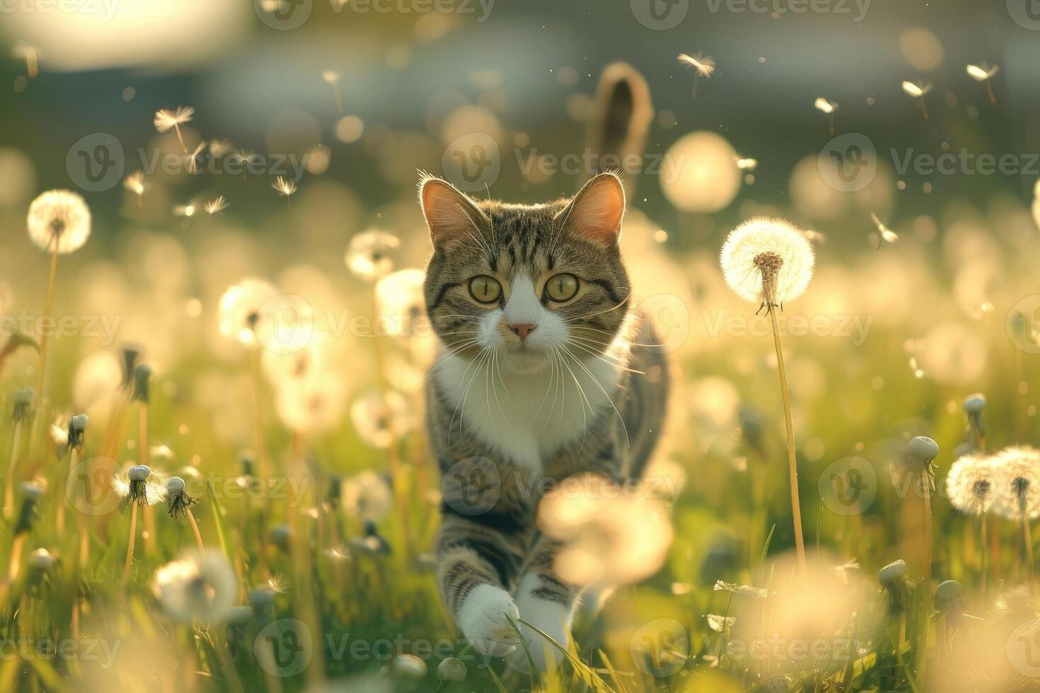 AI generated Cat running through field of dandelions. photo