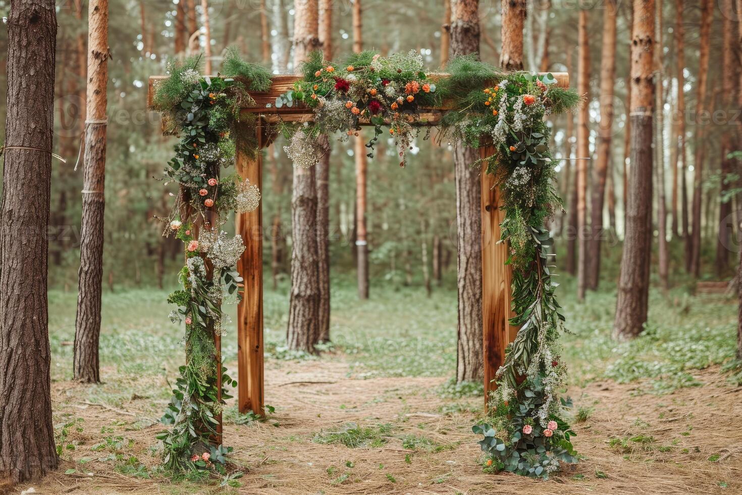 AI generated Beautiful boho wedding arch with green plants on green pine forrest photo