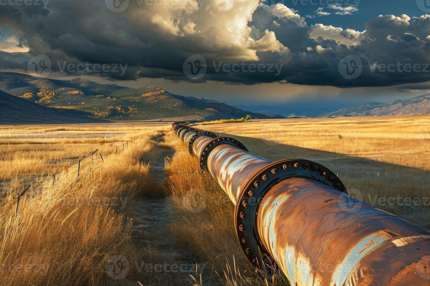 AI generated Oil pipeline running through a field towards a mountain in the distance. photo