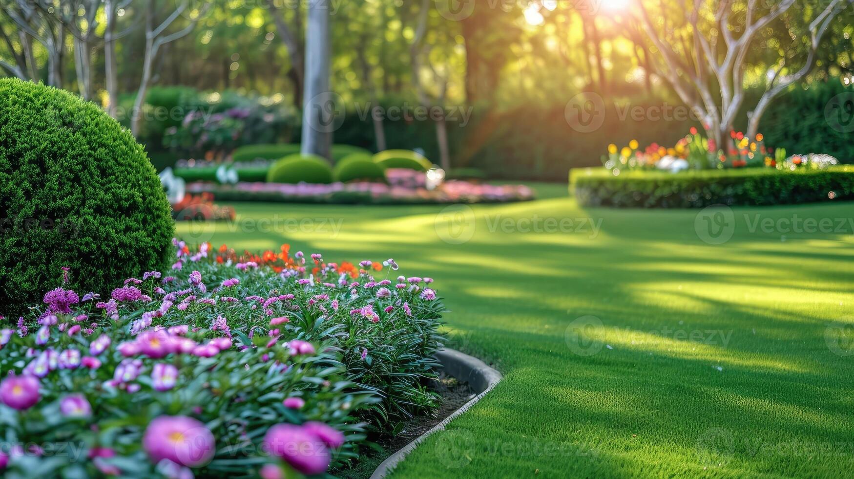 AI generated Multi-colored flower bed in the park. Outdoor summer gardening. photo
