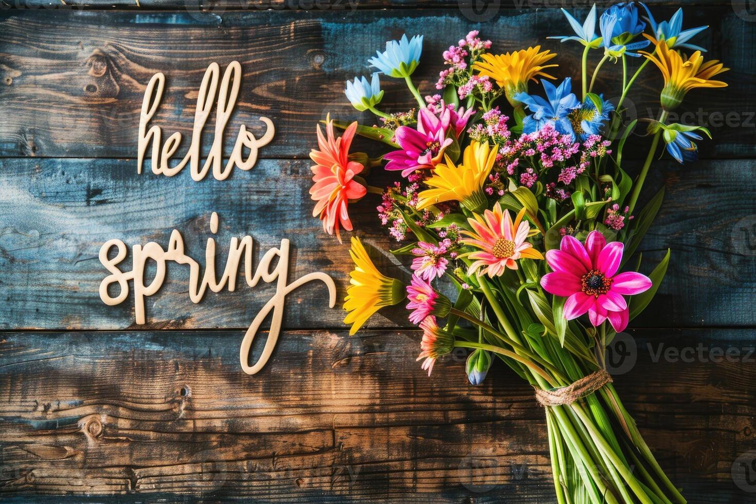 AI generated Our 'Hello Spring' inscription set against a backdrop of vibrant flowers captures the essence of the season. photo