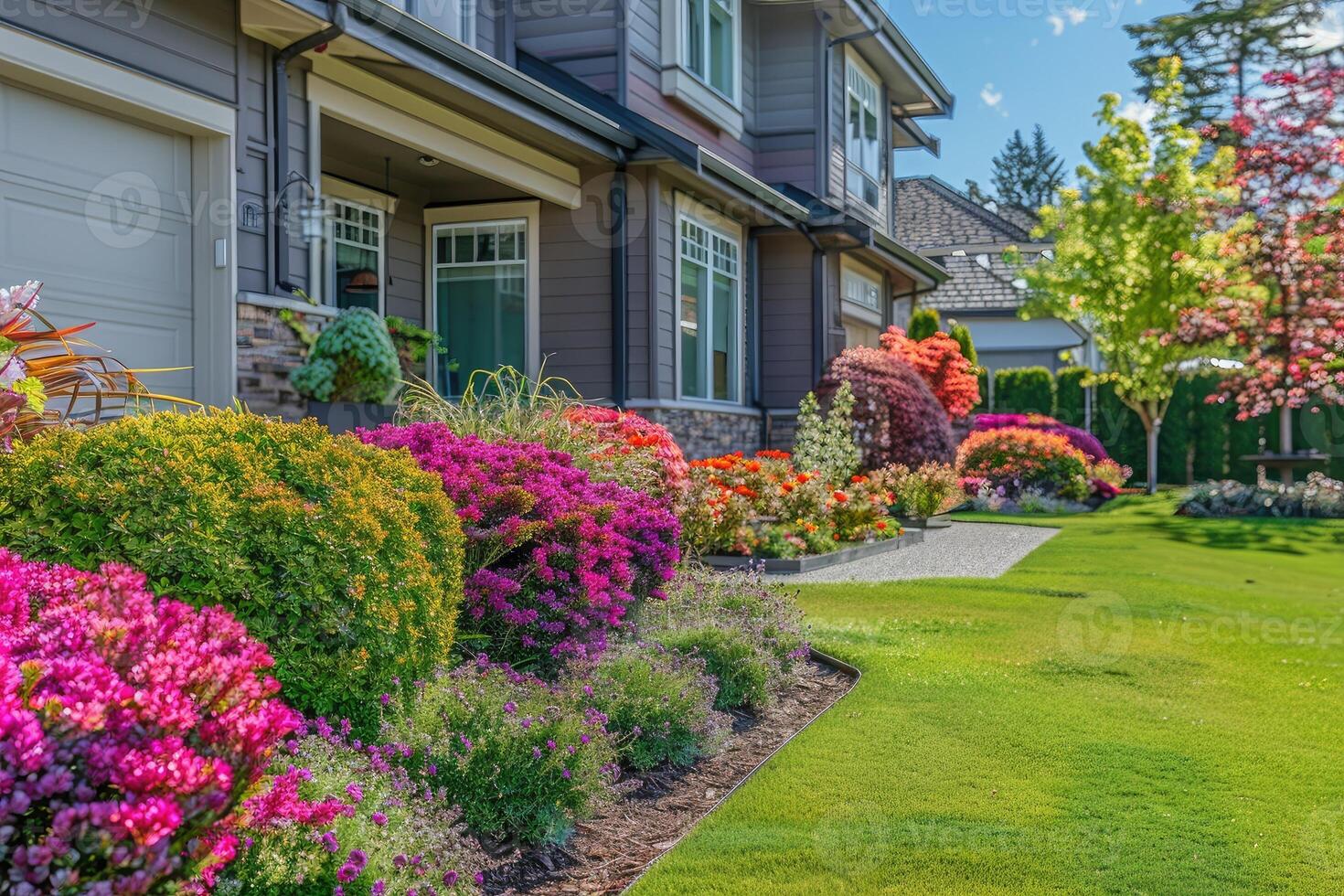 ai generado frente patio trasero, paisaje diseño con multicolor arbustos intersectando con brillante verde céspedes detrás el casa es un moderno foto