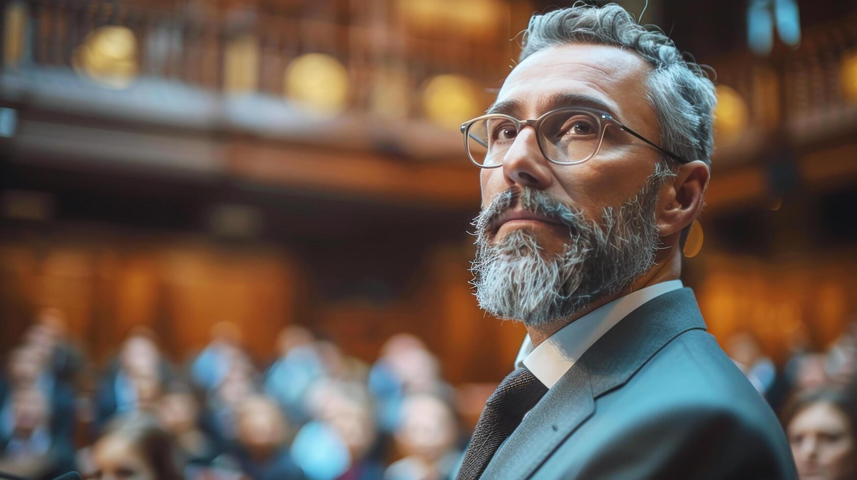 ai generado hombre en traje direccionamiento audiencia foto