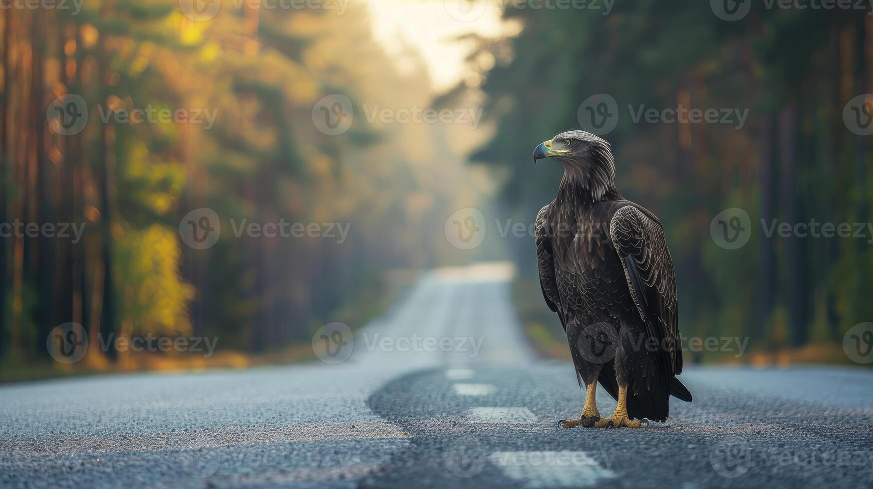 AI generated Eagle standing on the road near forest at early morning or evening time. Road hazards, wildlife and transport. photo
