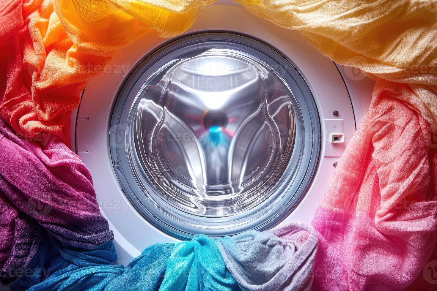 AI generated Washing machine with color clothes inside. photo