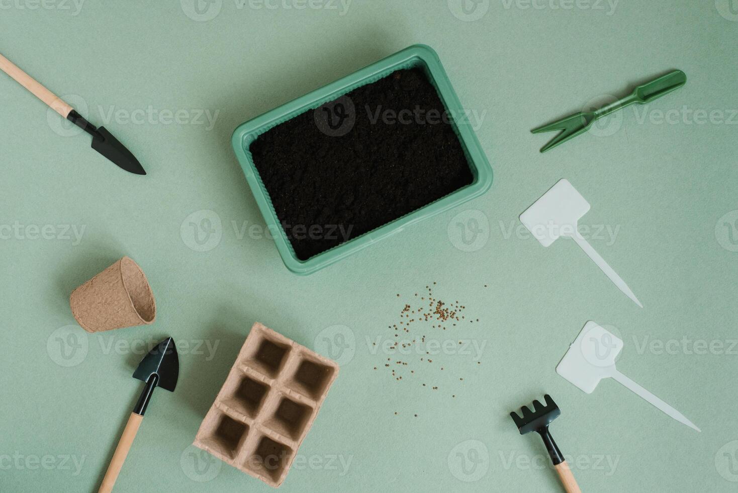 Set of garden equipment on a green background of the table at home photo