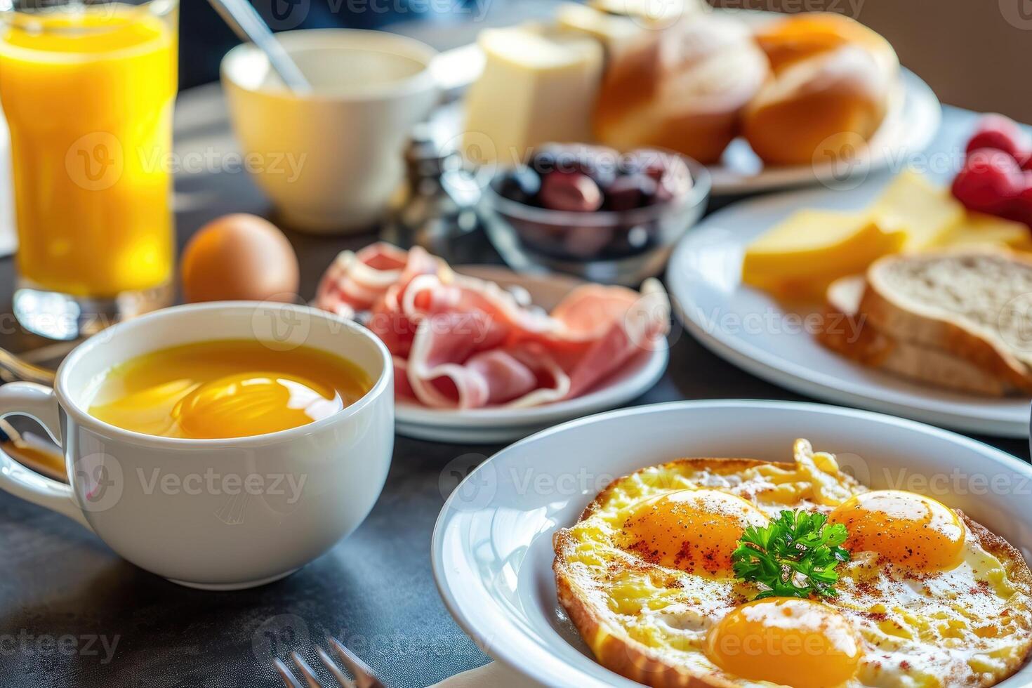 AI generated Breakfast served with coffee, orange juice, scrambled eggs, cereals, ham and cheese. photo