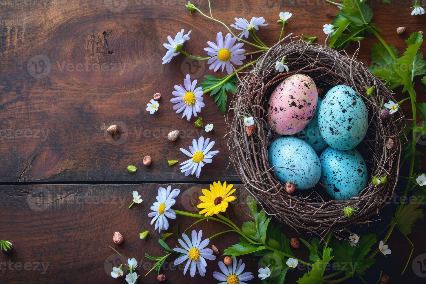 AI generated Colorful Easter eggs in nest and spring flowers on rustic table top view. Holiday card or banner. photo