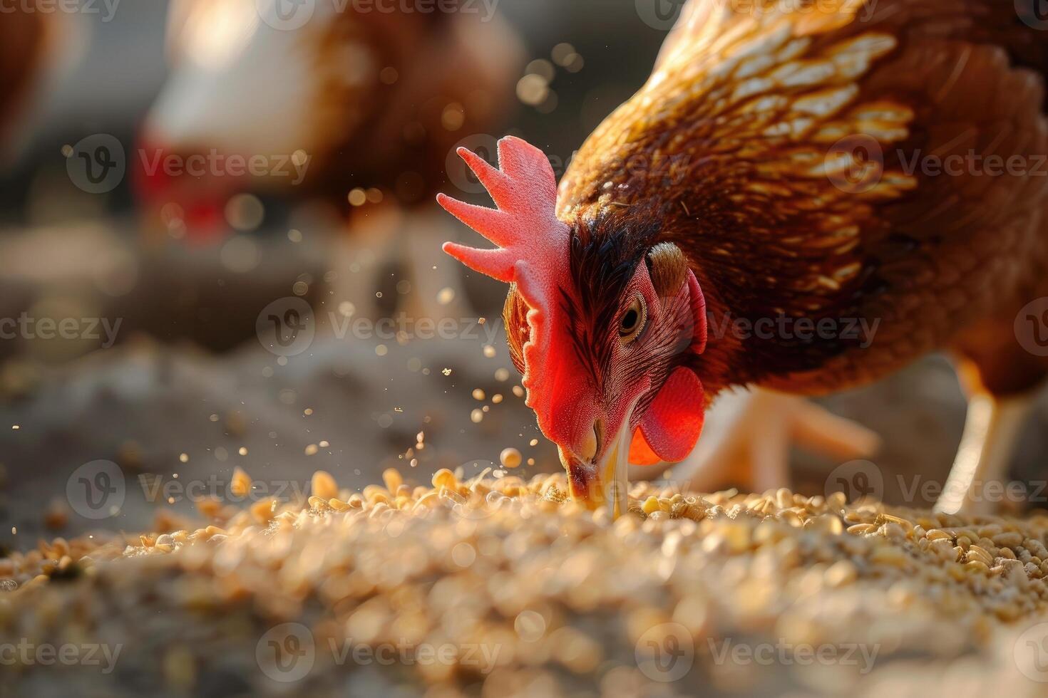 AI generated Chicken eats feed and grain at eco chicken farm, free range chicken farm. photo