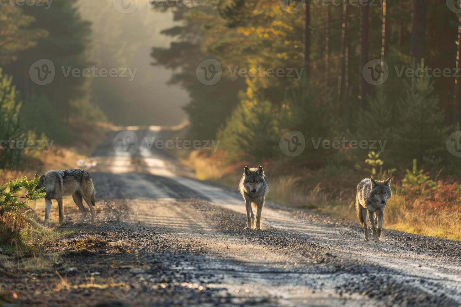 AI generated Wolfs standing on the road near forest at early morning or evening time. Road hazards, wildlife and transport. photo