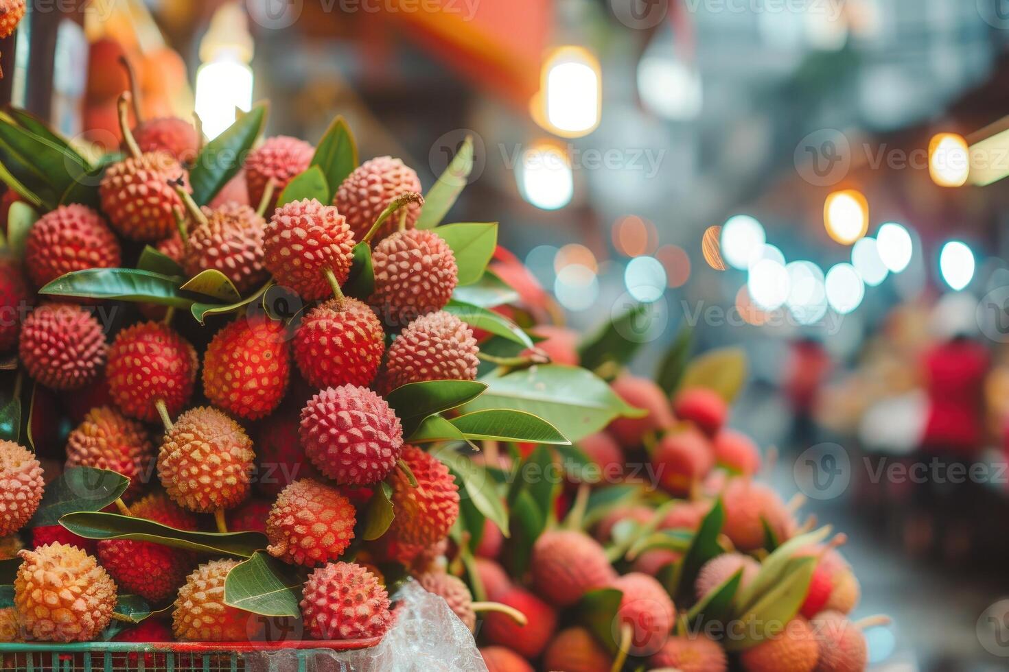 AI generated Stack of lychees on a market stall. photo