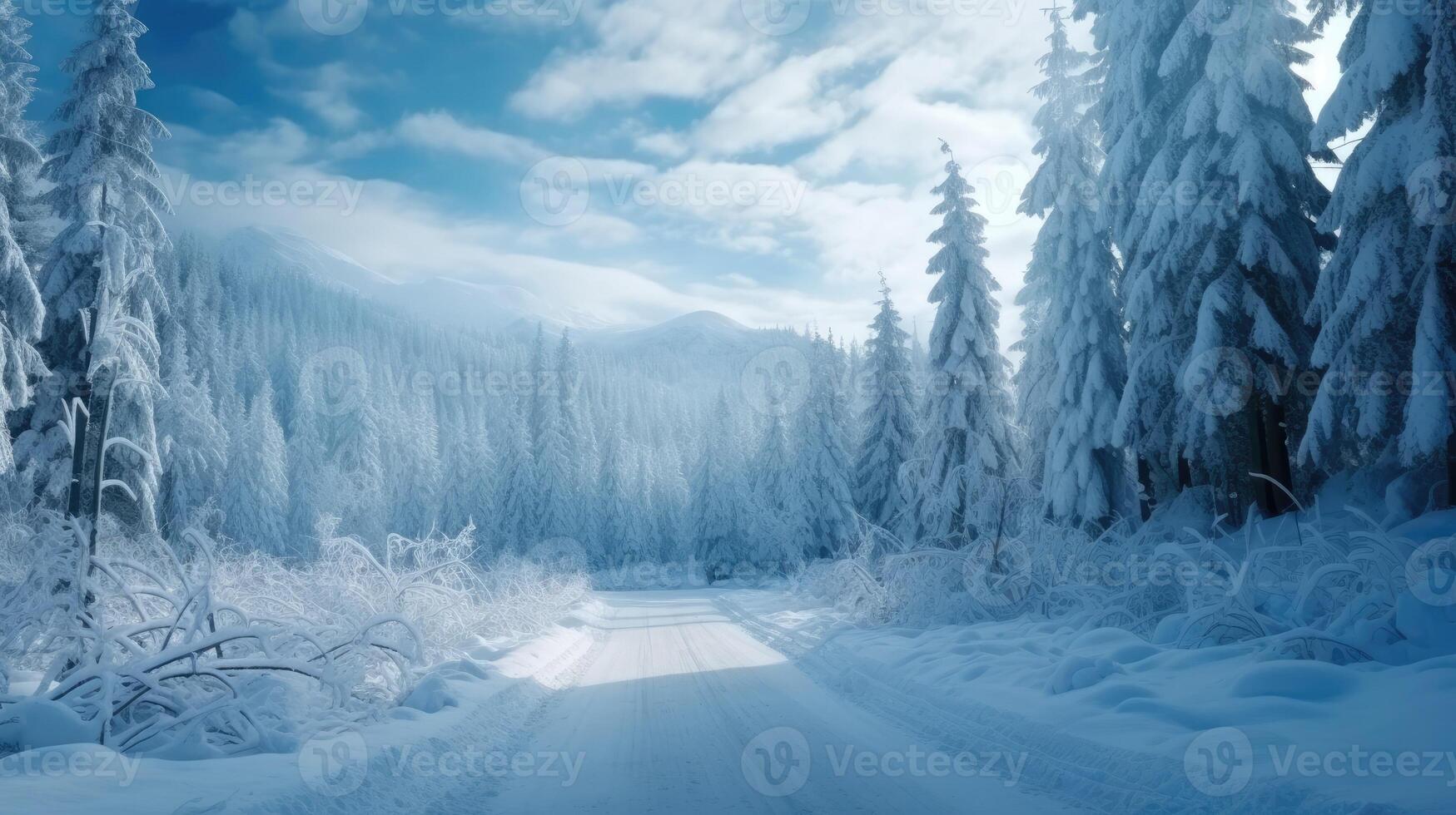 ai generado Nevado invierno la carretera en un montaña bosque. hermosa invierno paisaje. foto