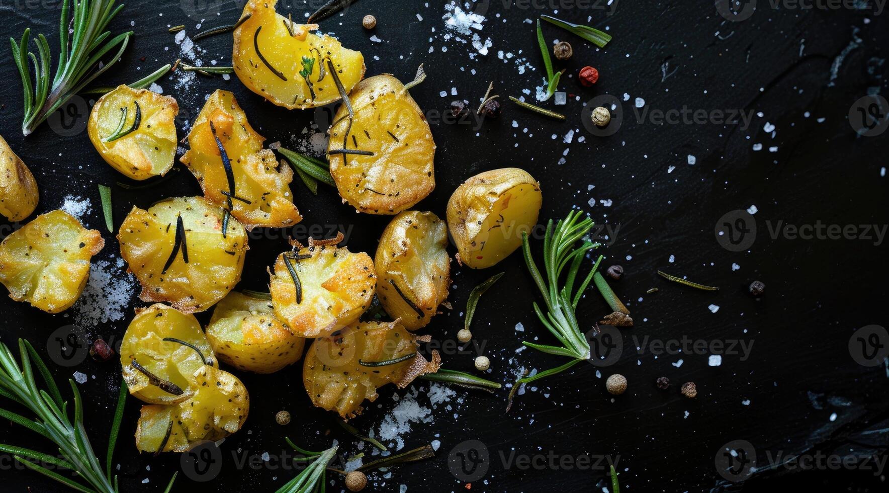 AI generated Crushed, smashed potatoes baked with rosemary and thyme. Black background. Top view. photo