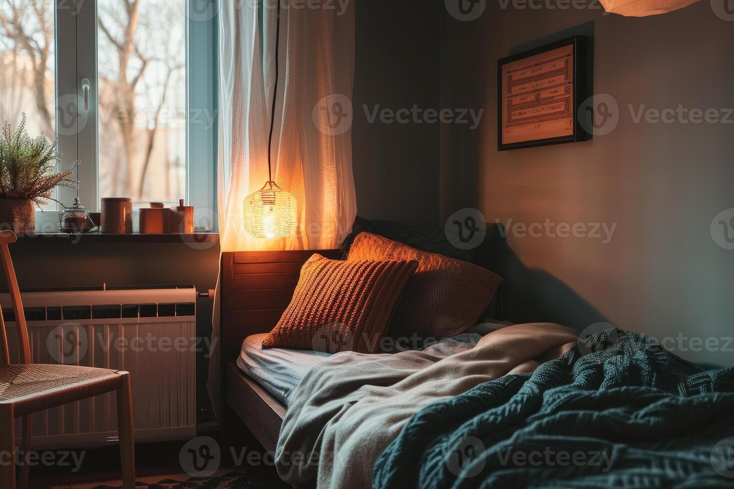 ai generado acogedor dormitorio en un moderno departamento, soltero cama, detallado, pequeño habitación foto