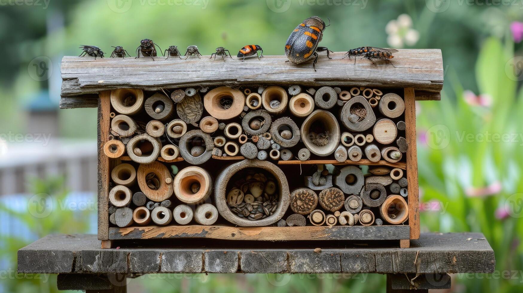 AI generated Wooden garden insect home in garden photo