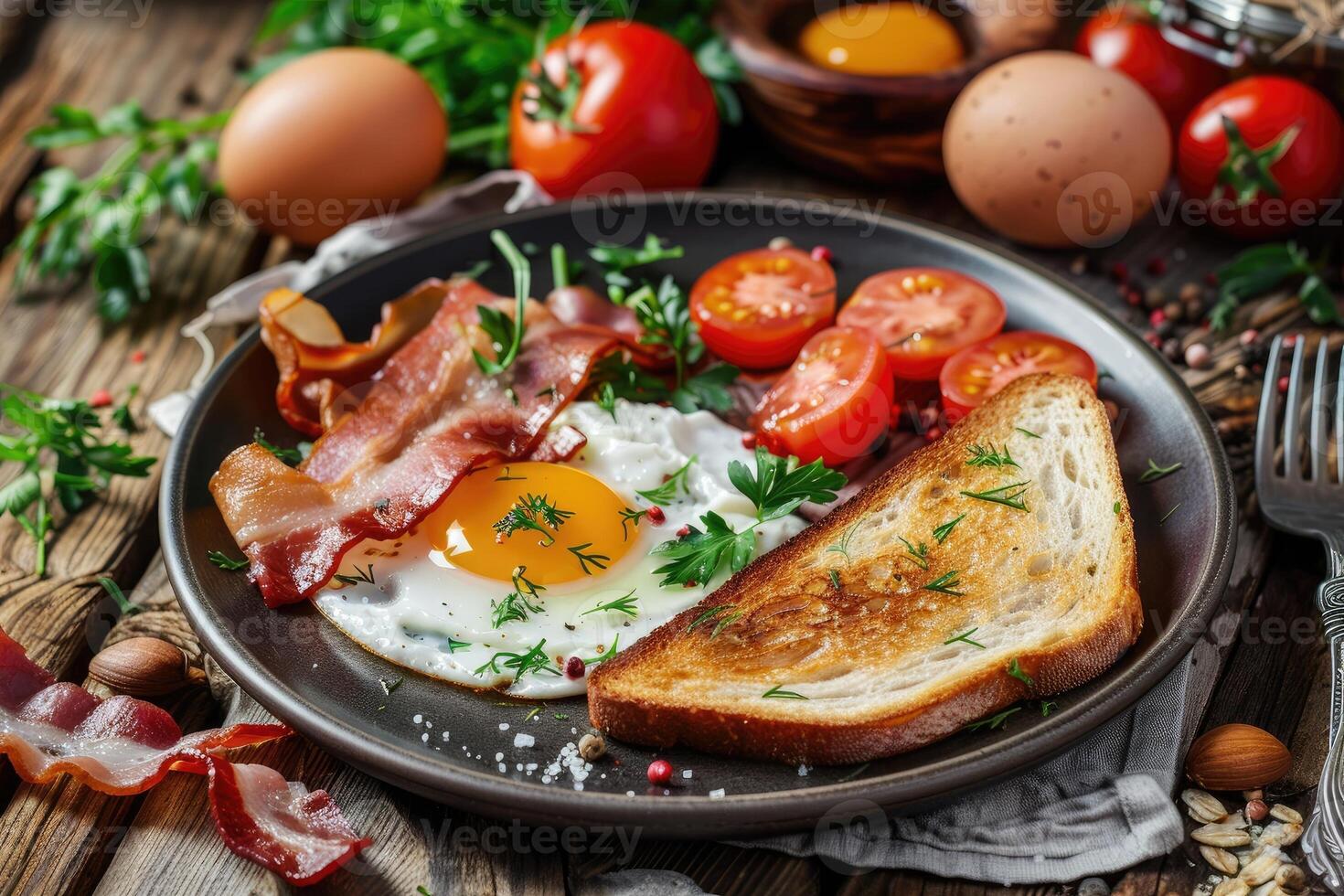 AI generated English breakfast - toast, egg, bacon and vegetables in a rustic style on wooden table. photo